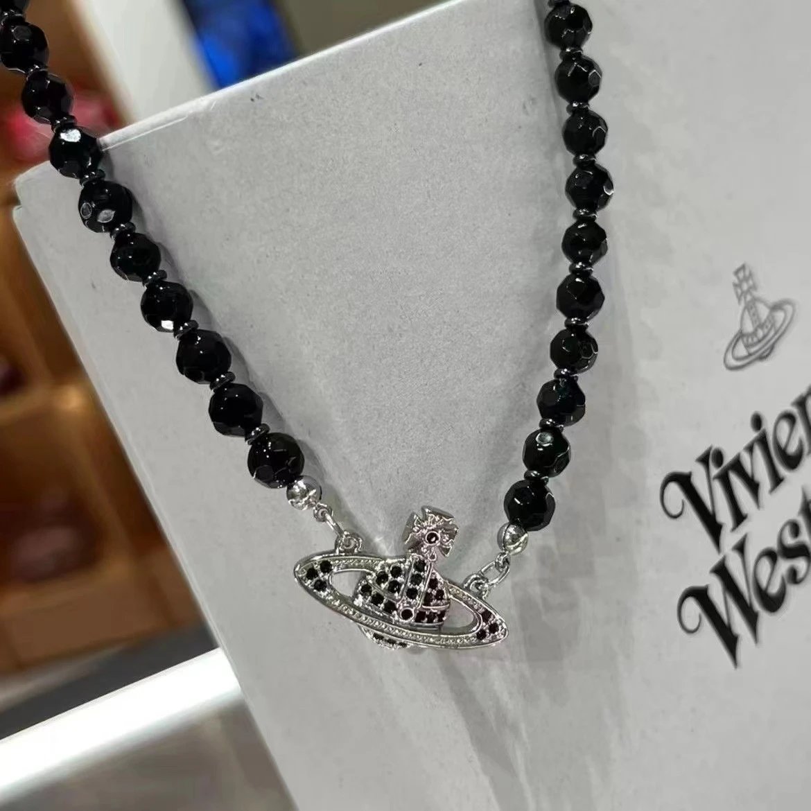 Vivienne Westwood Black Crystal Orb Pendant Necklace