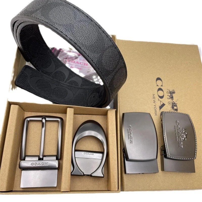 Coach Signature Black Leather Belt with Interchangeable Buckles