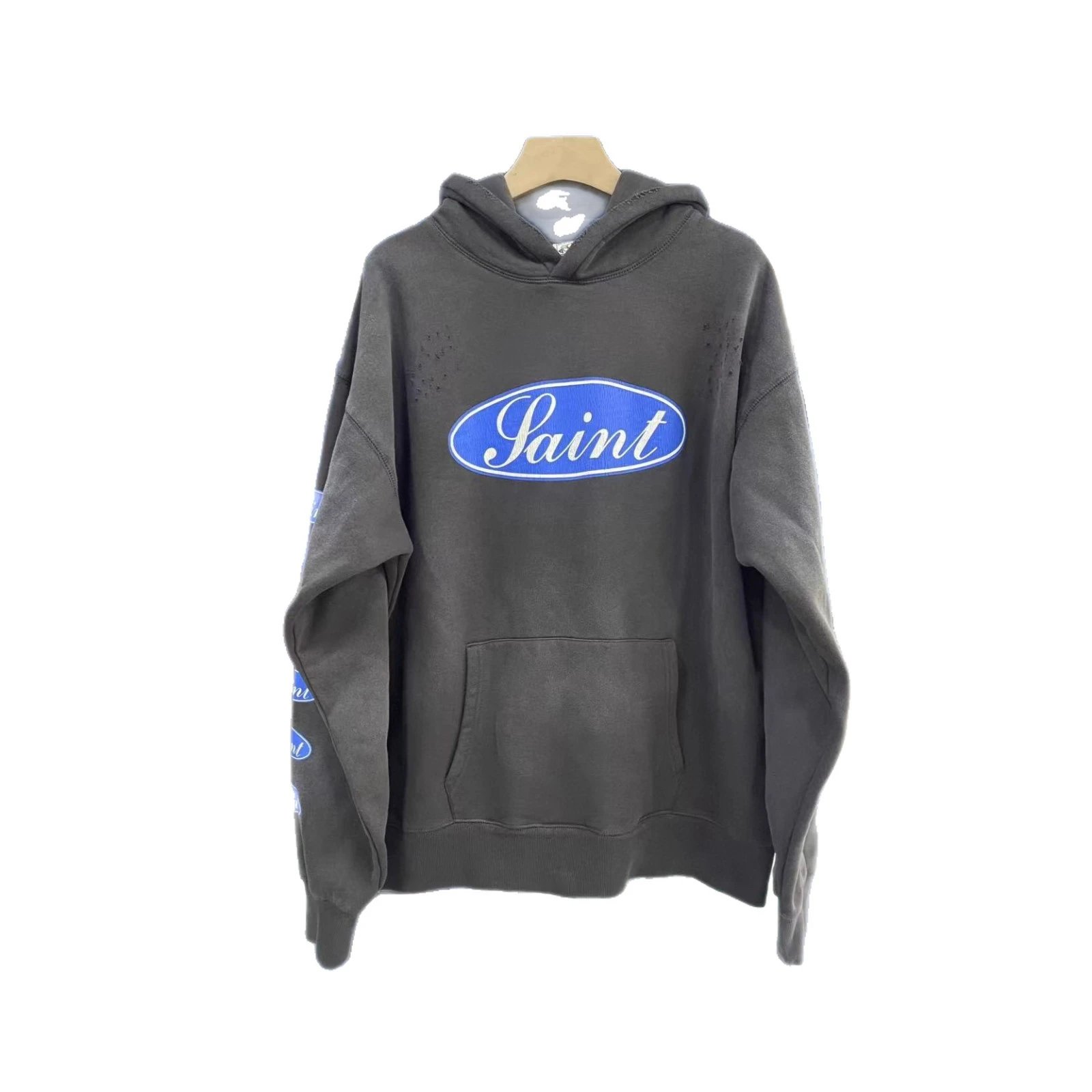 Gray Hooded Sweatshirt With 'Love Among The Demons' Print And Blue Logo Sleeves