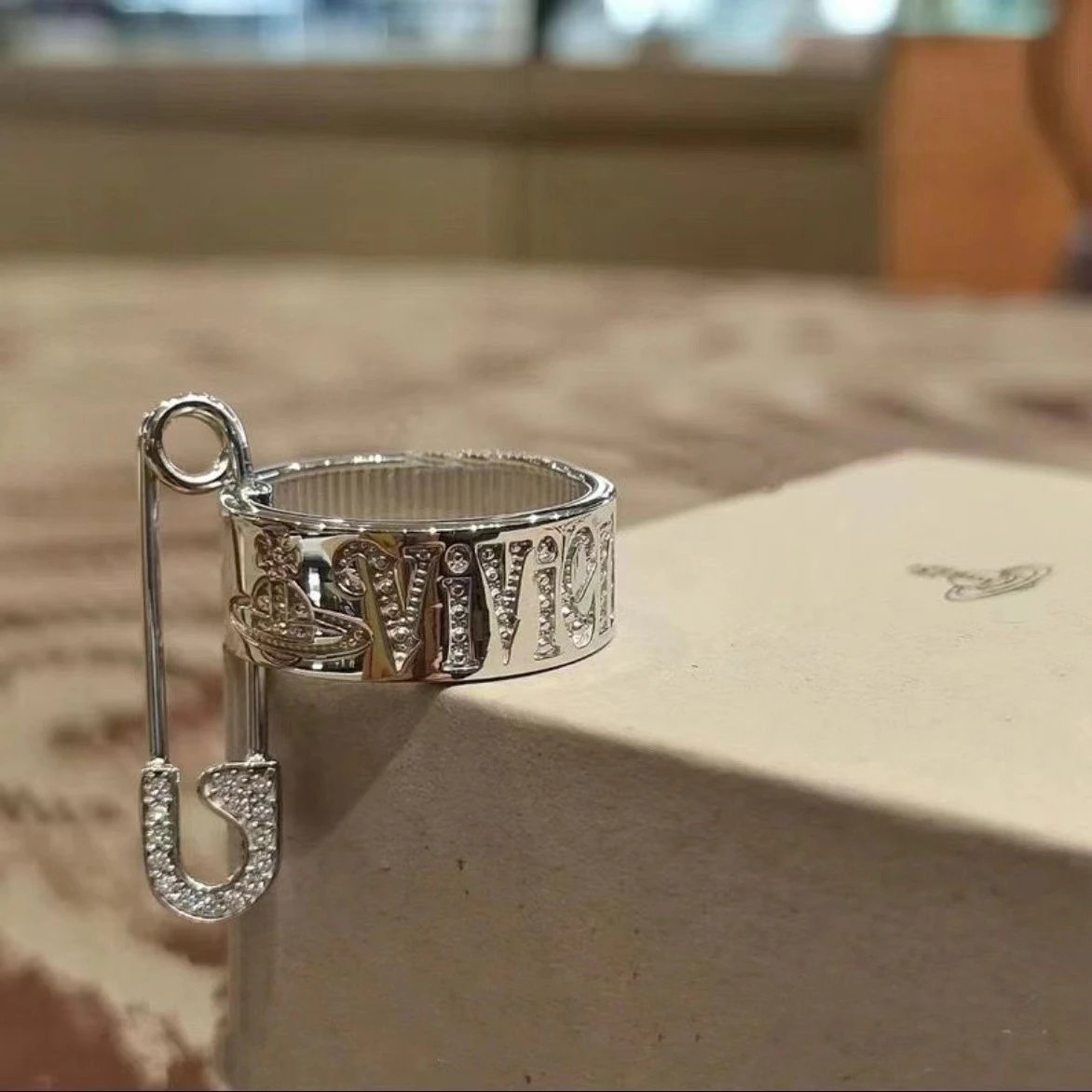 Vivienne Westwood Safety Pin Silver Crystal Punk Ring