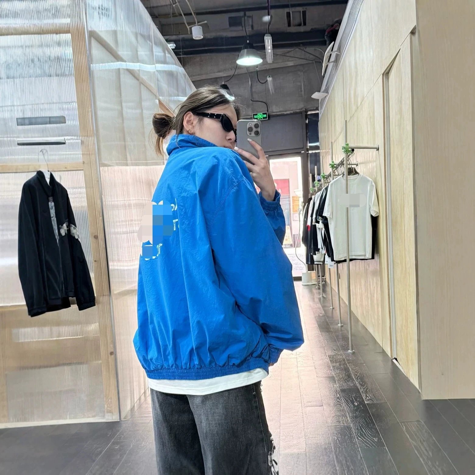 Blue Oversized Windbreaker Jacket with Graphic Print Casual Outerwear
