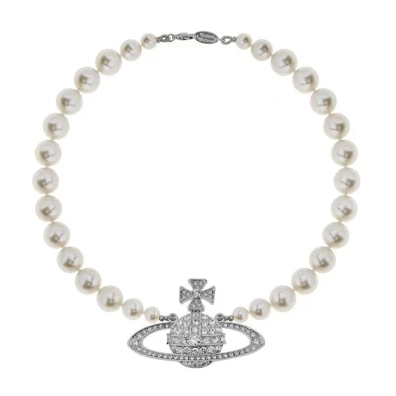 Vivienne Westwood Orb Silver Crystal White Pearl Necklace