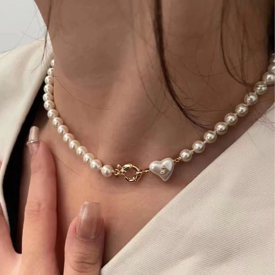 Pearl Heart Charm Gold Tone Clasp Necklace