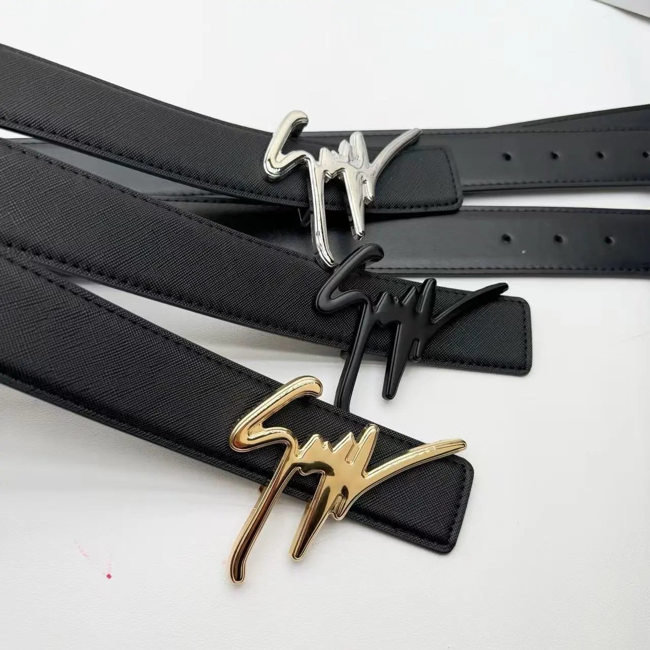 Gianfranco Ferré Signature Black Leather Belt With Silver Gold And Matte Black Logo Buckle