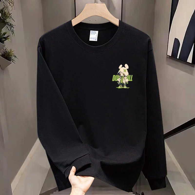 Black Long Sleeve Crewneck T-Shirt with Green Cartoon Graphic Print
