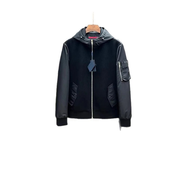 Black Hooded Zipper Jacket With Patch Pocket And Logo Badge