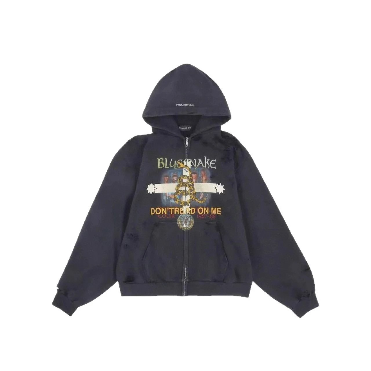 Black Graphic Print Hooded Jacket Blue Distressed Wide Leg Jeans Streetwear