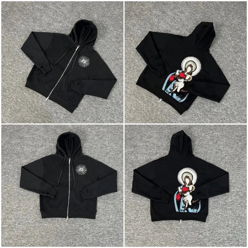 Black Hooded Sweatshirt With Embroidered Horse Rider Motif Streetwear