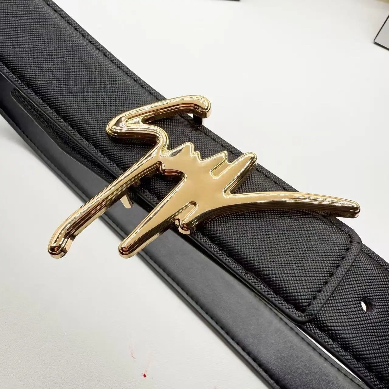 Gianfranco Ferré Signature Black Leather Belt With Silver Gold And Matte Black Logo Buckle