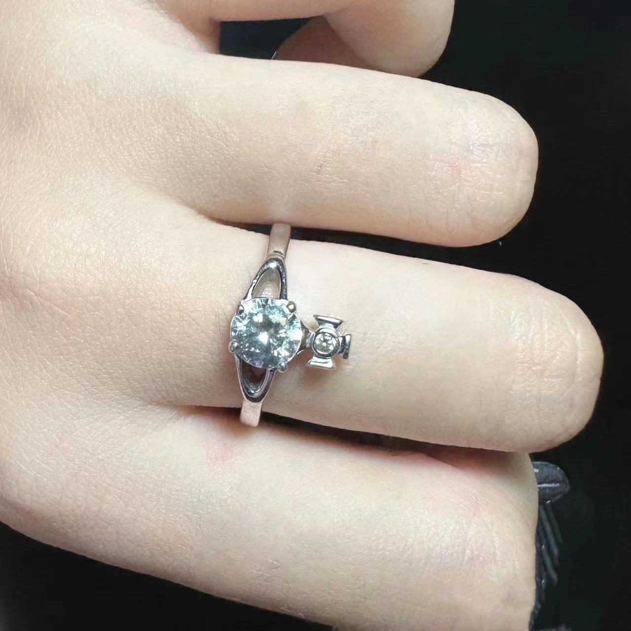 Silver Solitaire Ring With Halo And Side Accent Diamond Vintage Style