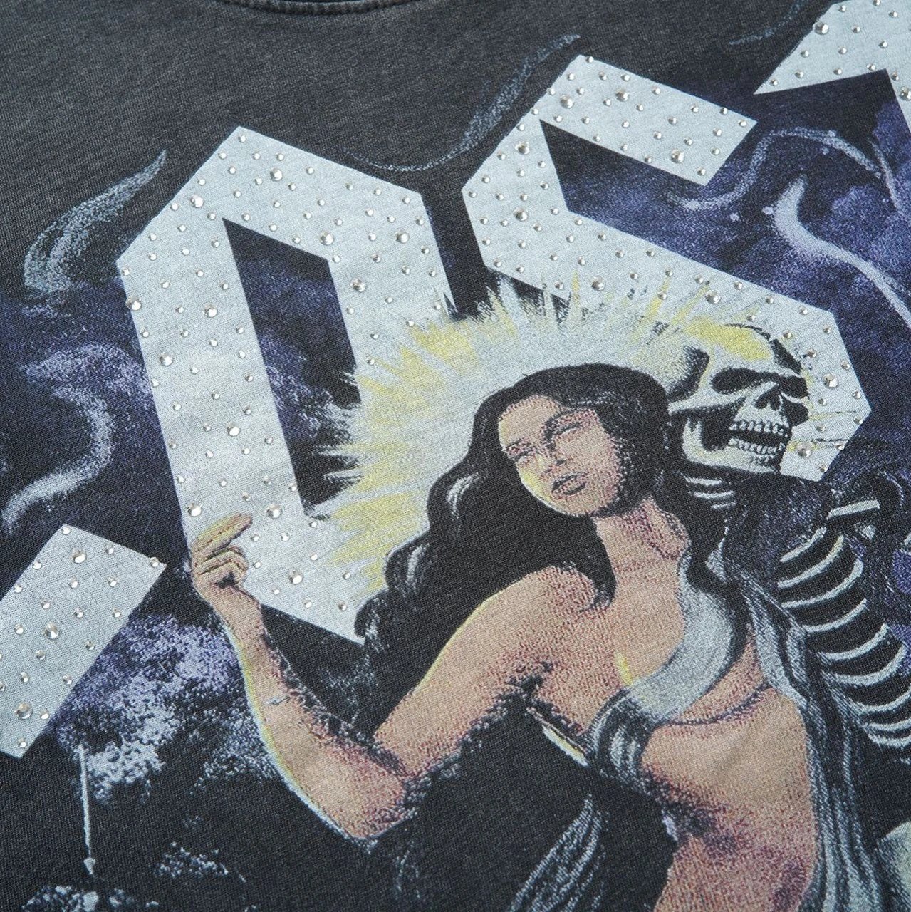 Graphic Tee Dark Gray Gothic Skull And Angel Print T-Shirt