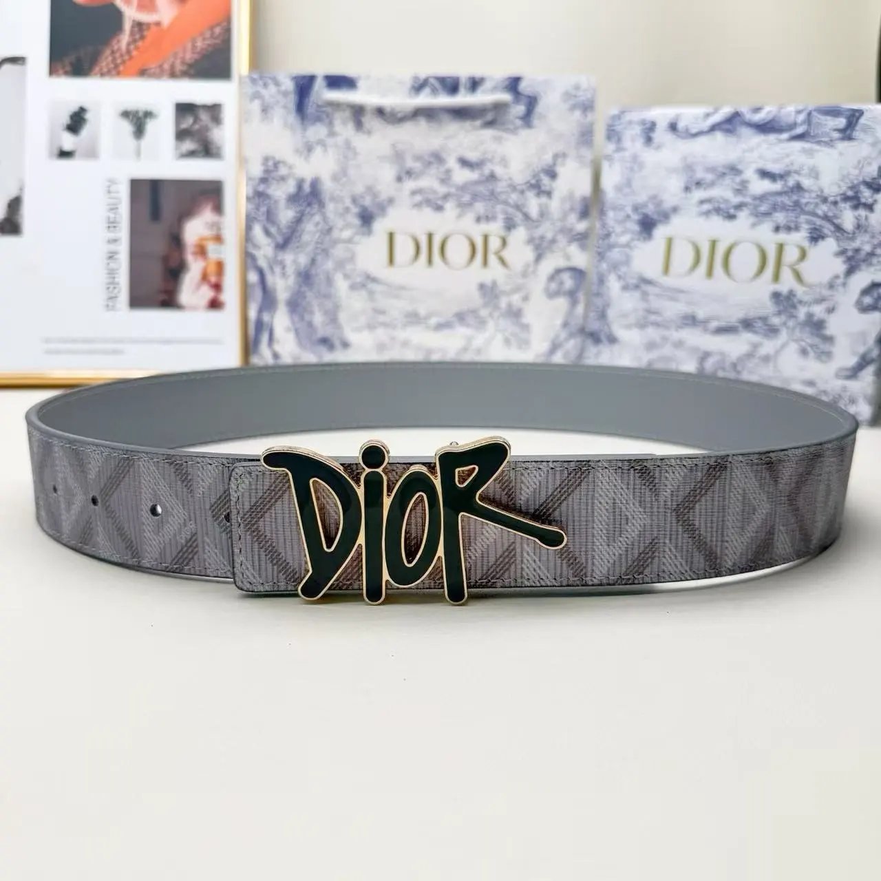 Dior Belts Oblique-pattern belt with logo buckle — Heather-print DR with black gold buckle