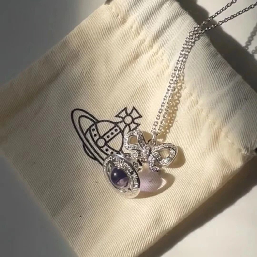 Vivienne Westwood Orb Purple Crystal Bow Pendant Necklace