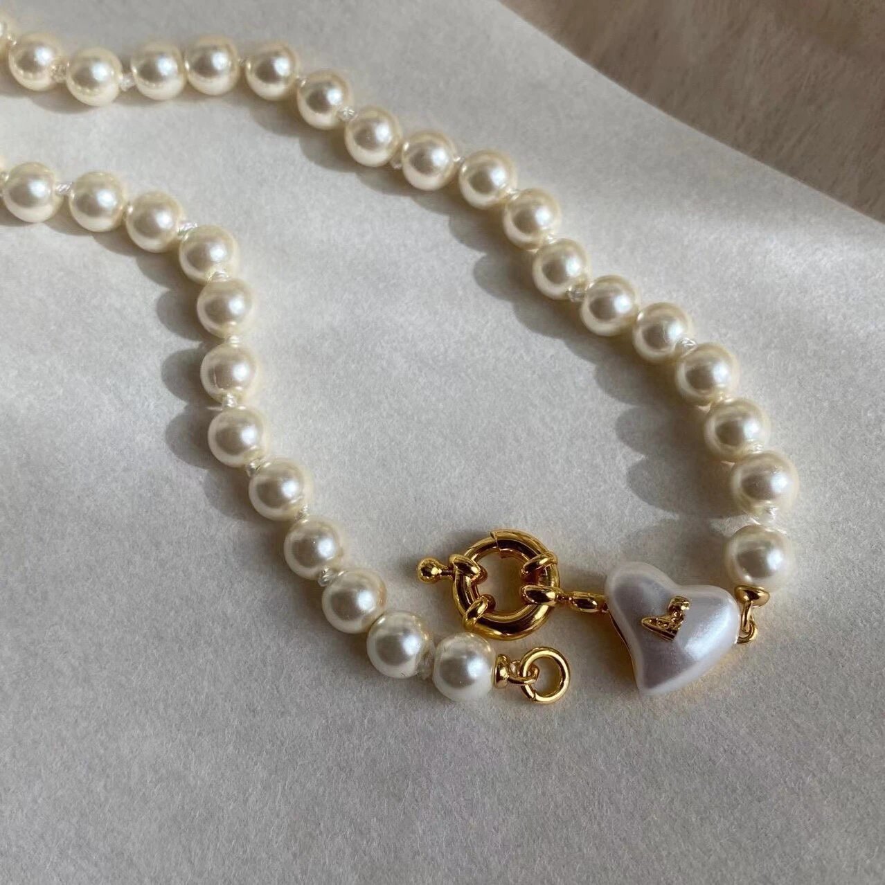 Pearl Heart Charm Gold Tone Clasp Necklace