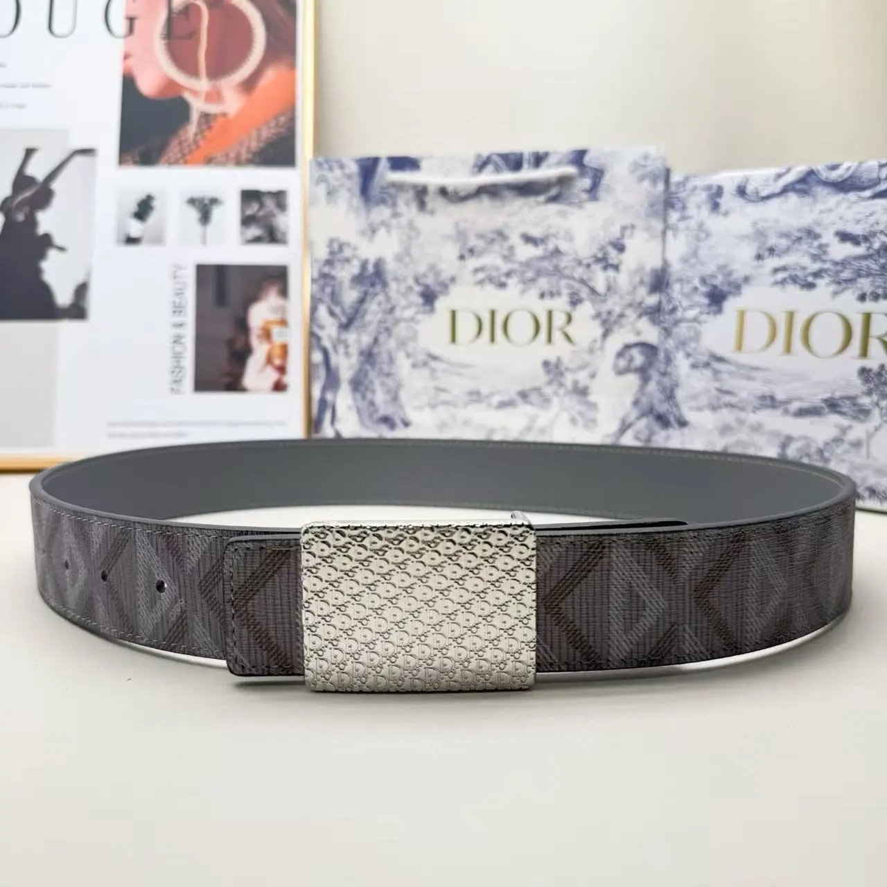 Dior Belts Oblique-pattern belt with logo buckle — Gray printed square small DR silver buckle