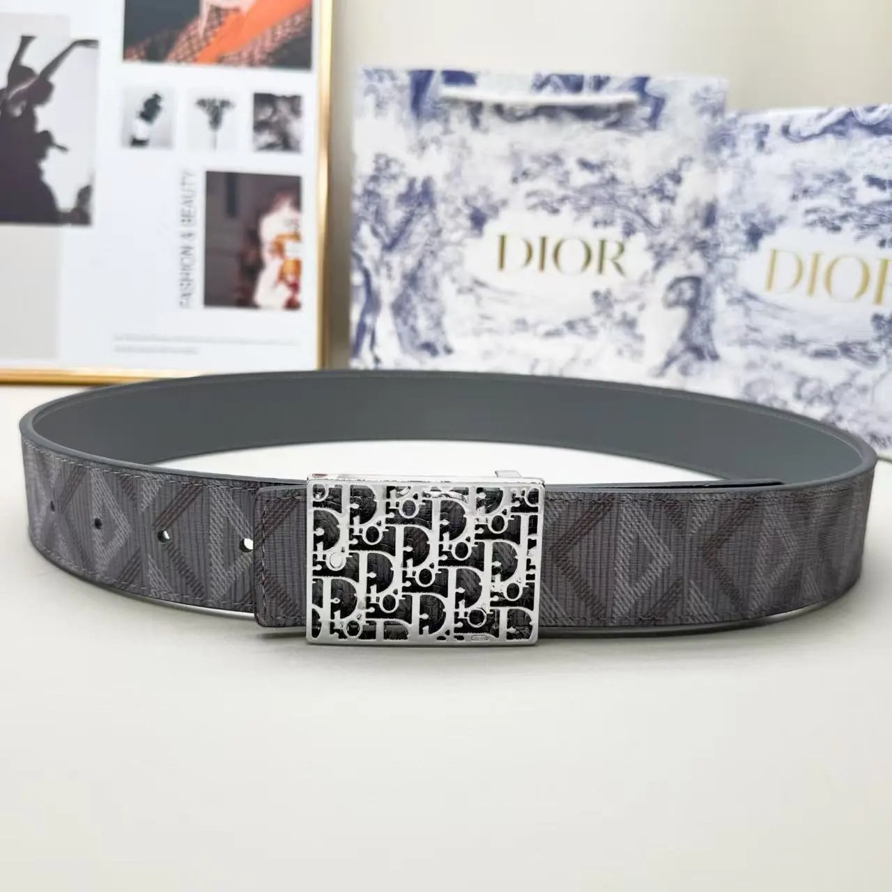 Dior Belts Oblique-pattern belt with logo buckle — Gray printed square DR silver buckle