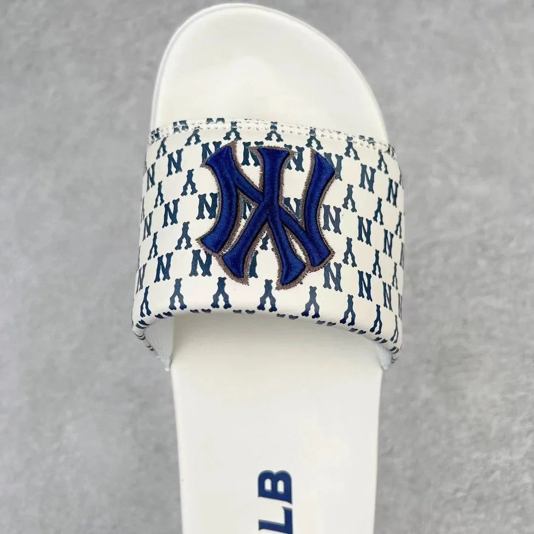 MLB Slide Sandals White Black Beige Patterned Casual Slippers