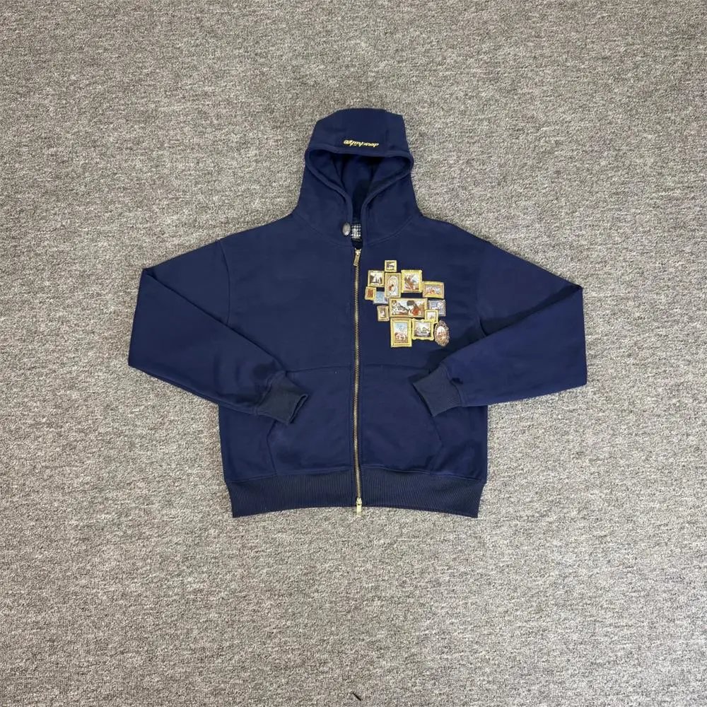 Black Hooded Sweatshirt With Embroidered Horse Rider Motif Streetwear
