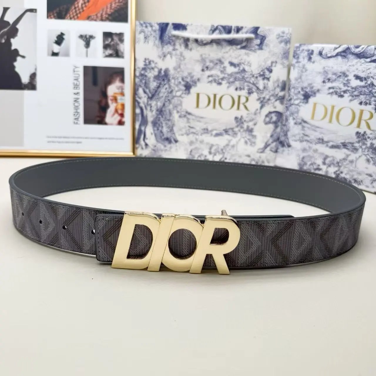 Dior Belts Oblique-pattern belt with logo buckle — Gray printed long DR with gold buckle