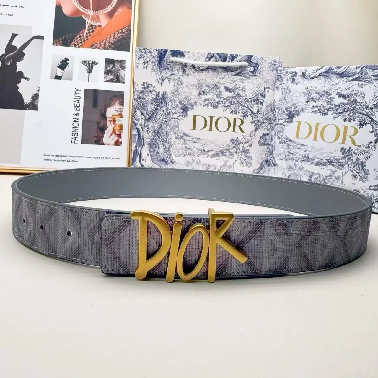 Dior Belts Oblique-pattern belt with logo buckle — DR antique gold button with gray print