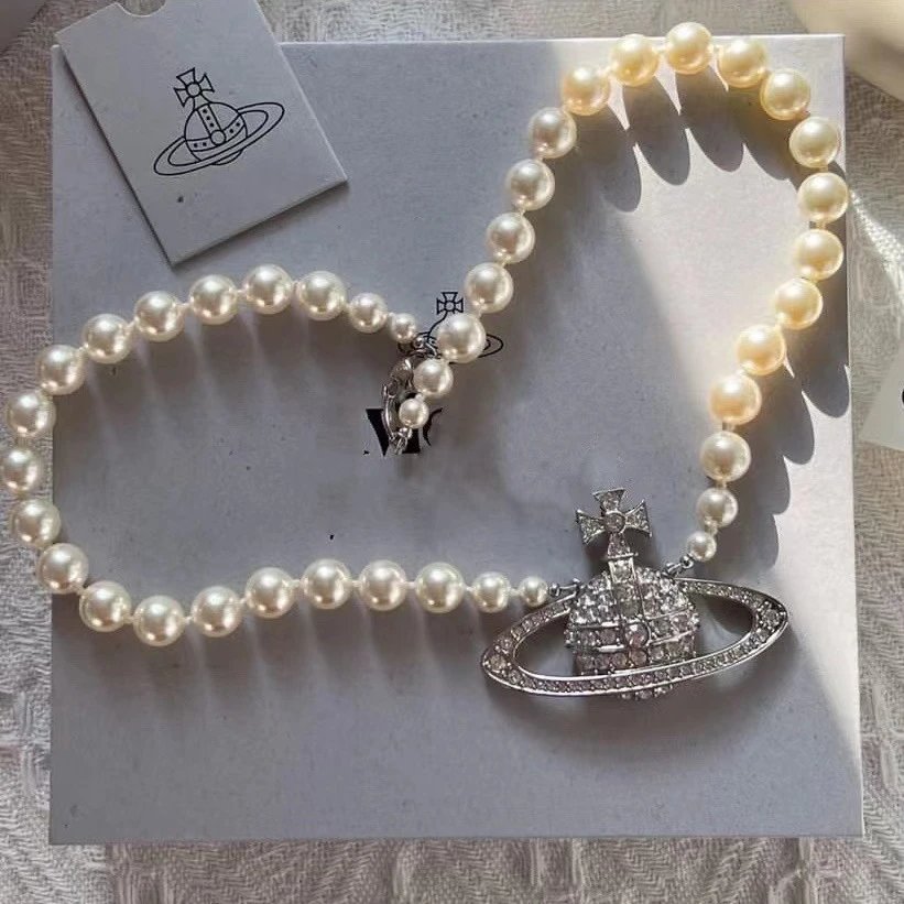 Vivienne Westwood Orb Silver Crystal White Pearl Necklace