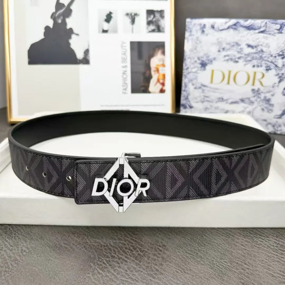 Dior Belts Oblique-pattern belt with logo buckle — Black-printed triangle DR silver buckle