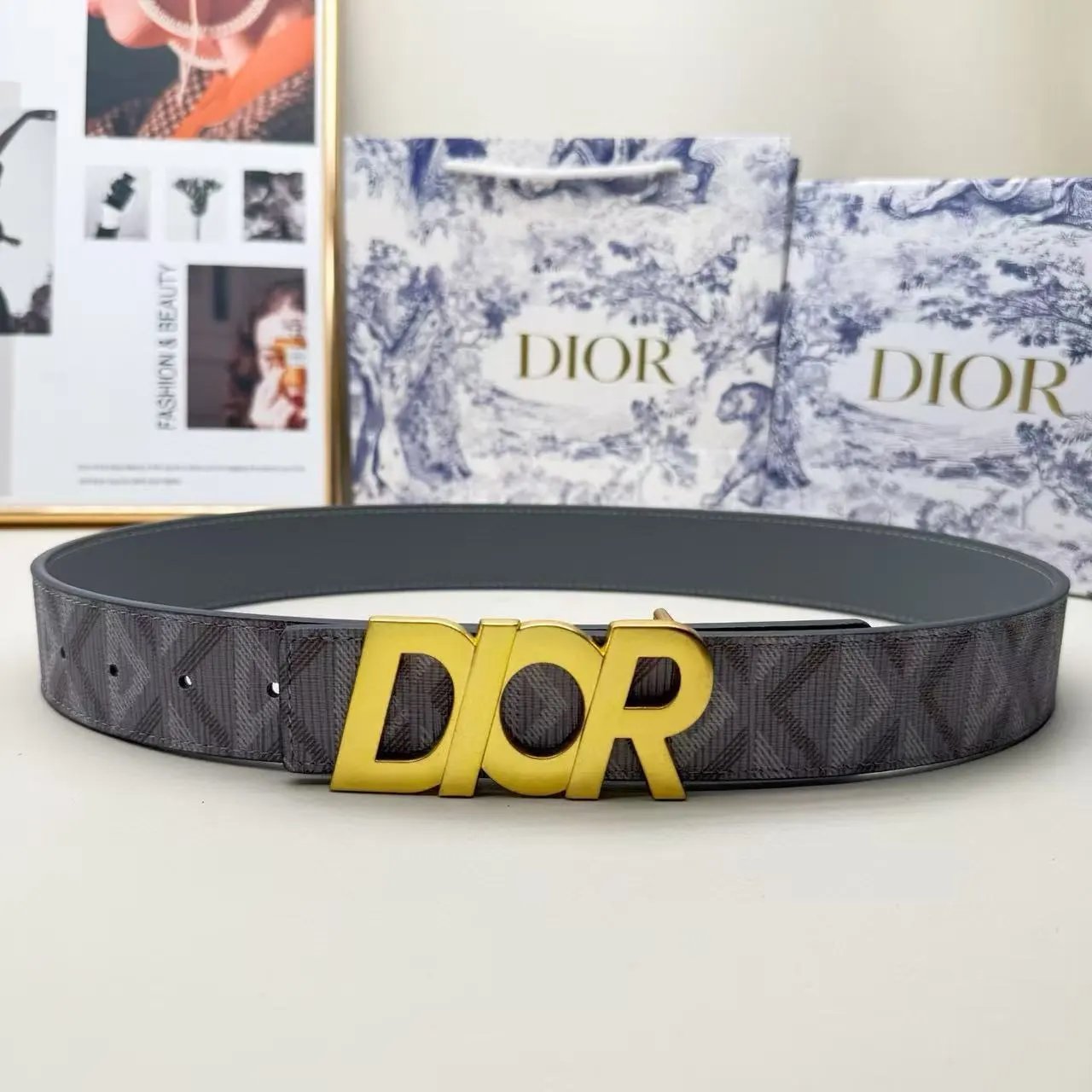 Dior Belts Oblique-pattern belt with logo buckle — Gray printed long DR with antique gold buckle