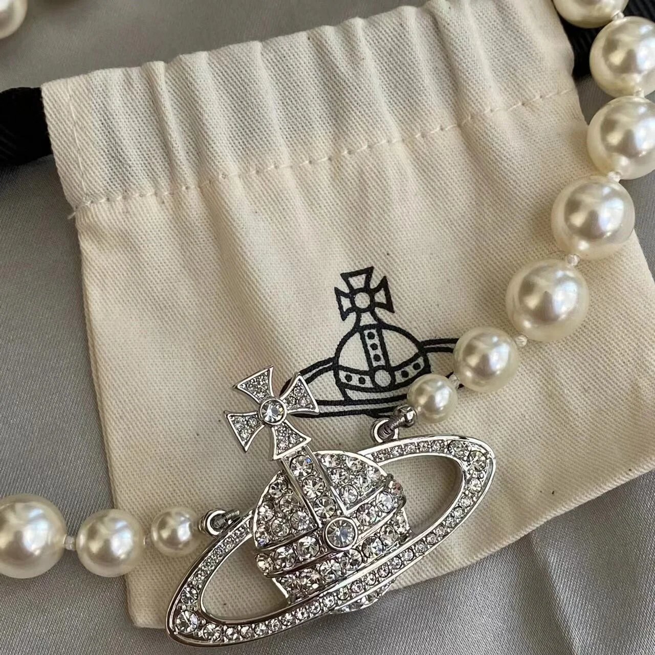 Vivienne Westwood Orb Silver Crystal White Pearl Necklace