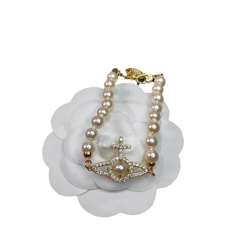 Pearl Crystal Cross Charm Bracelet White Elegant Jewelry