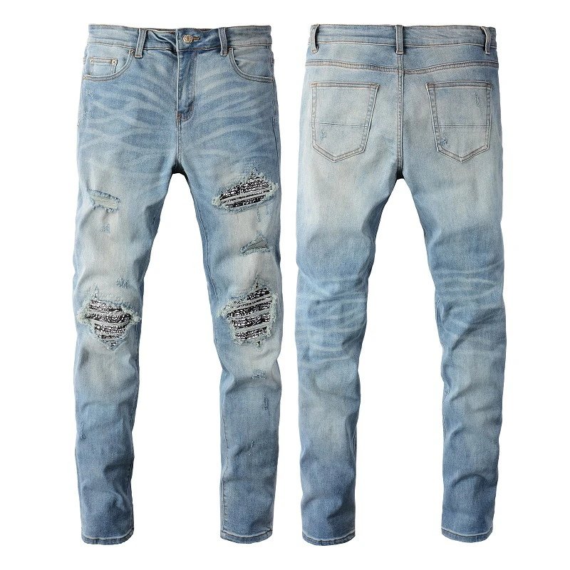Denim Jeans Distressed Star Print Paint Splatter Ripped Slim Fit