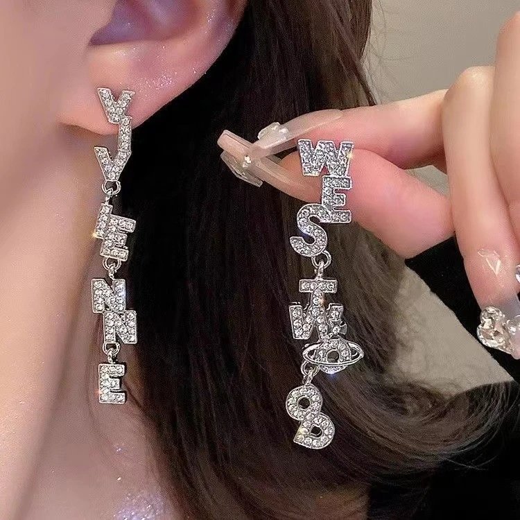 Crystal Letter Yves Saint Laurent Silver Rhinestone Dangle Earrings