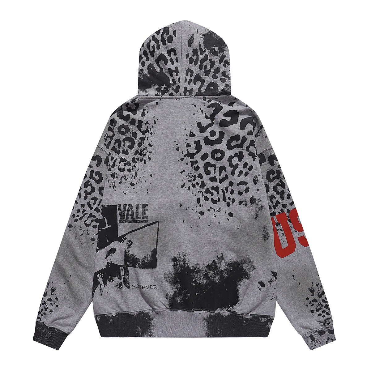 Gray Leopard Print Hooded Sweatshirt with Vintage Graphic Distressed Style
