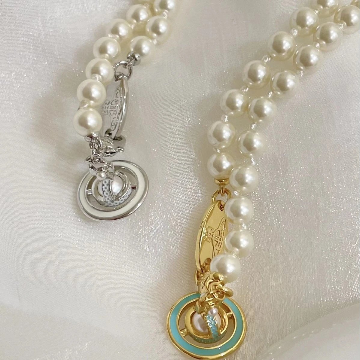 Vivienne Westwood Pearl Necklace Silver Gold Turquoise Orb Pendant