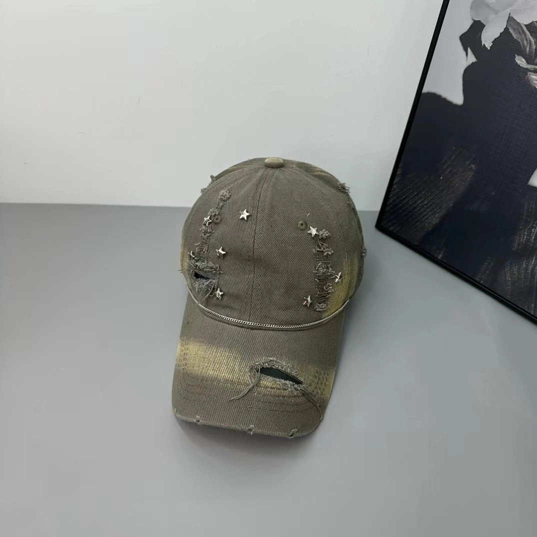 Denim Baseball Cap Light Blue Cream Olive Distressed Star Embellished Cap