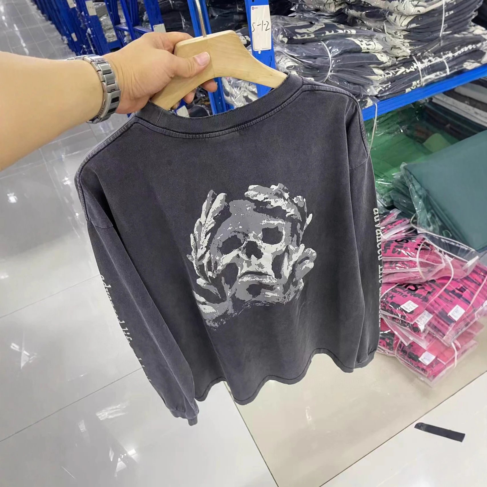 Skull Print Charcoal Washed Oversized Long Sleeve T-Shirt