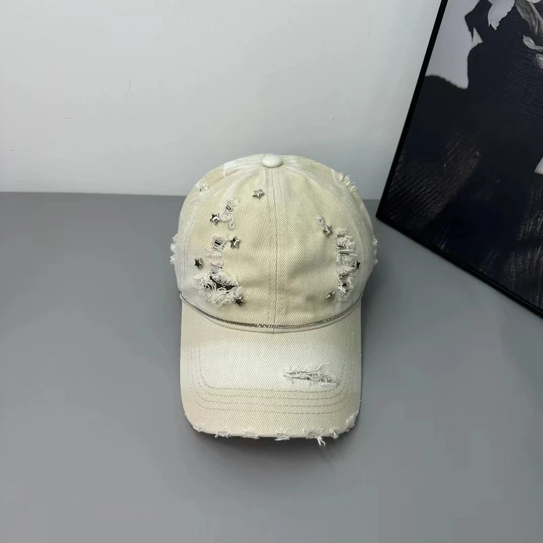 Denim Baseball Cap Light Blue Cream Olive Distressed Star Embellished Cap