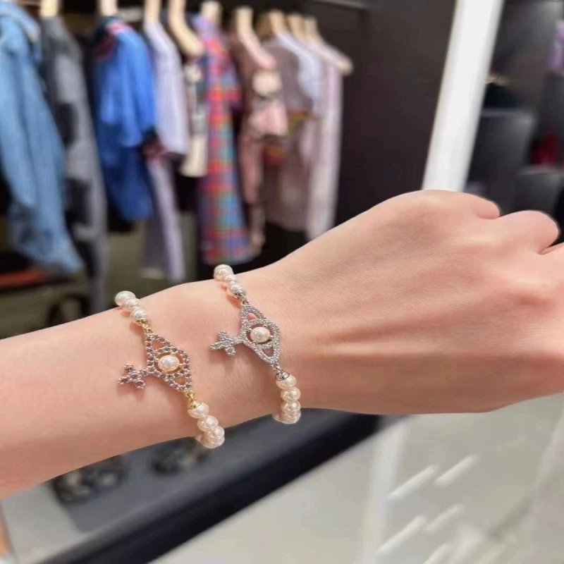 Pearl Crystal Cross Charm Bracelet White Elegant Jewelry