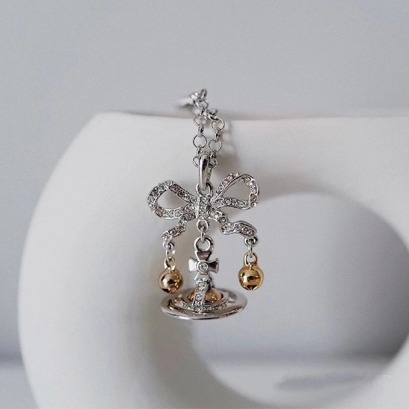 Vivienne Westwood Orb Bow Silver Gold Crystal Pendant Necklace