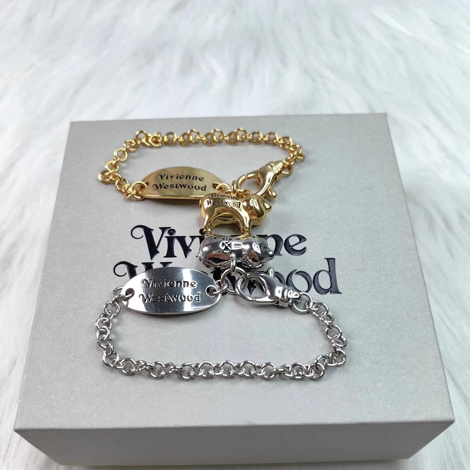 Vivienne Westwood Gold Silver Bear Charm Chain Bracelet
