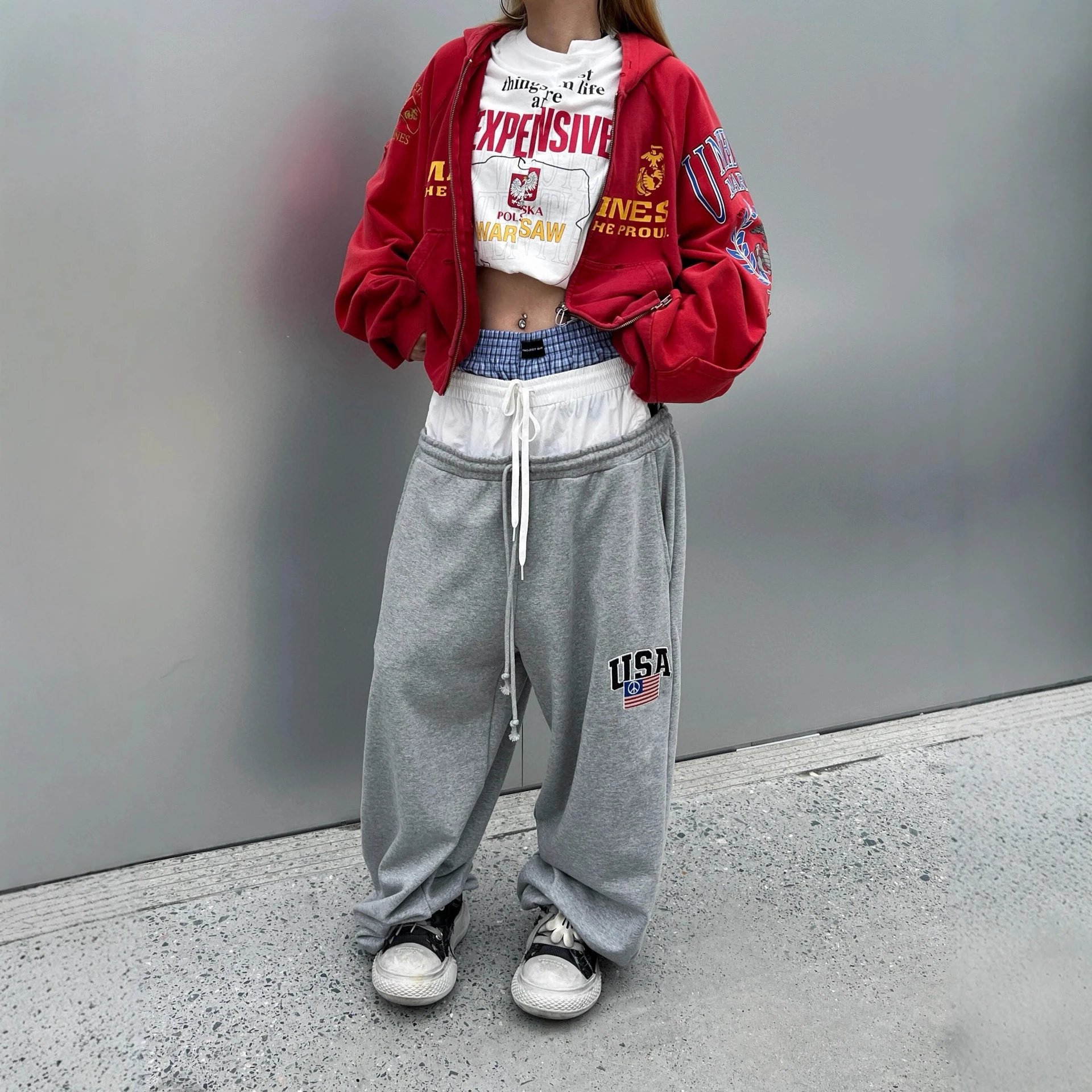 Grey USA Embroidered Sweatpants Heather Grey Streetwear Joggers