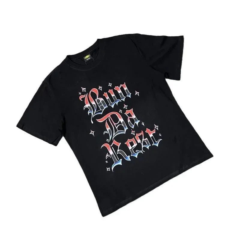 Black Graphic Tee Red Blue Gothic Print Streetwear T-Shirt