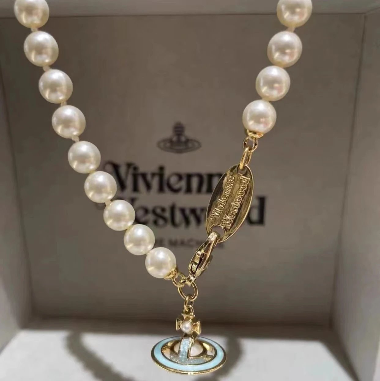 Vivienne Westwood Pearl Necklace Silver Gold Turquoise Orb Pendant