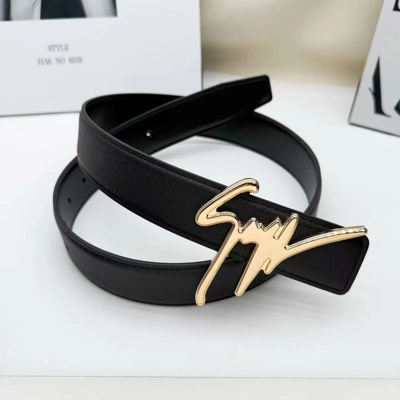 Gianfranco Ferré Signature Black Leather Belt With Silver Gold And Matte Black Logo Buckle