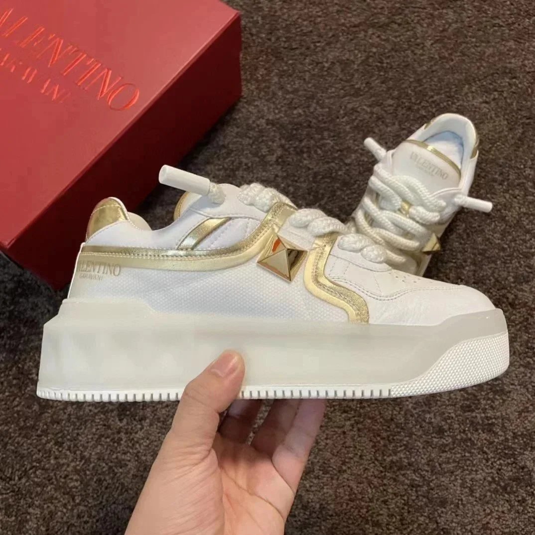 Valentino Rockstud White Gold Accented Platform Sneakers