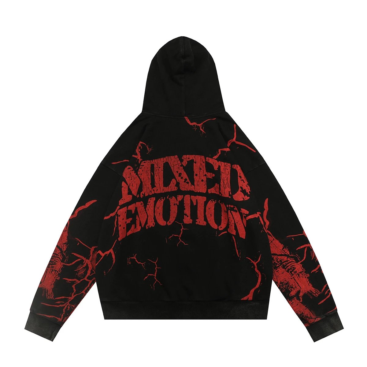 Mixed Emotion Graphic Print Black Red Distressed Zip-Up Hoodie