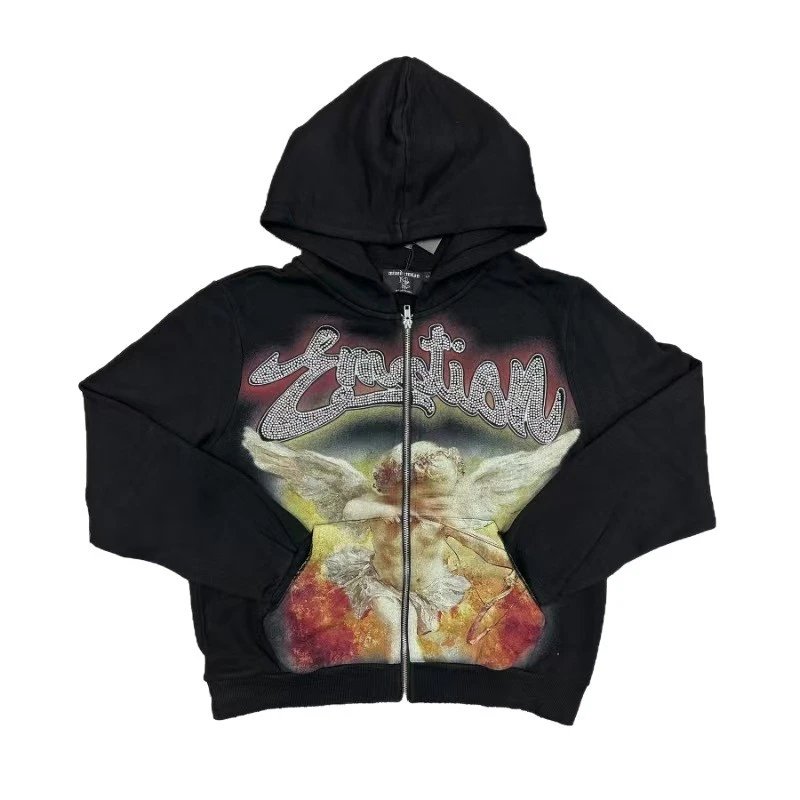 Black Cropped Hoodie With Rhinestone Emotion Graphic Streetwear
