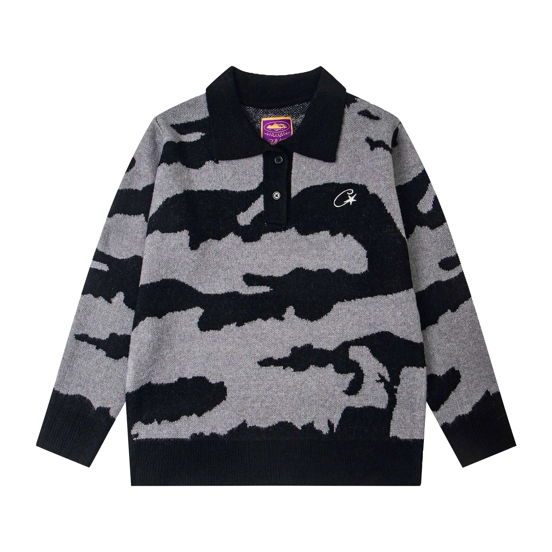 Camouflage Knit Polo Sweater Gray Black Casual
