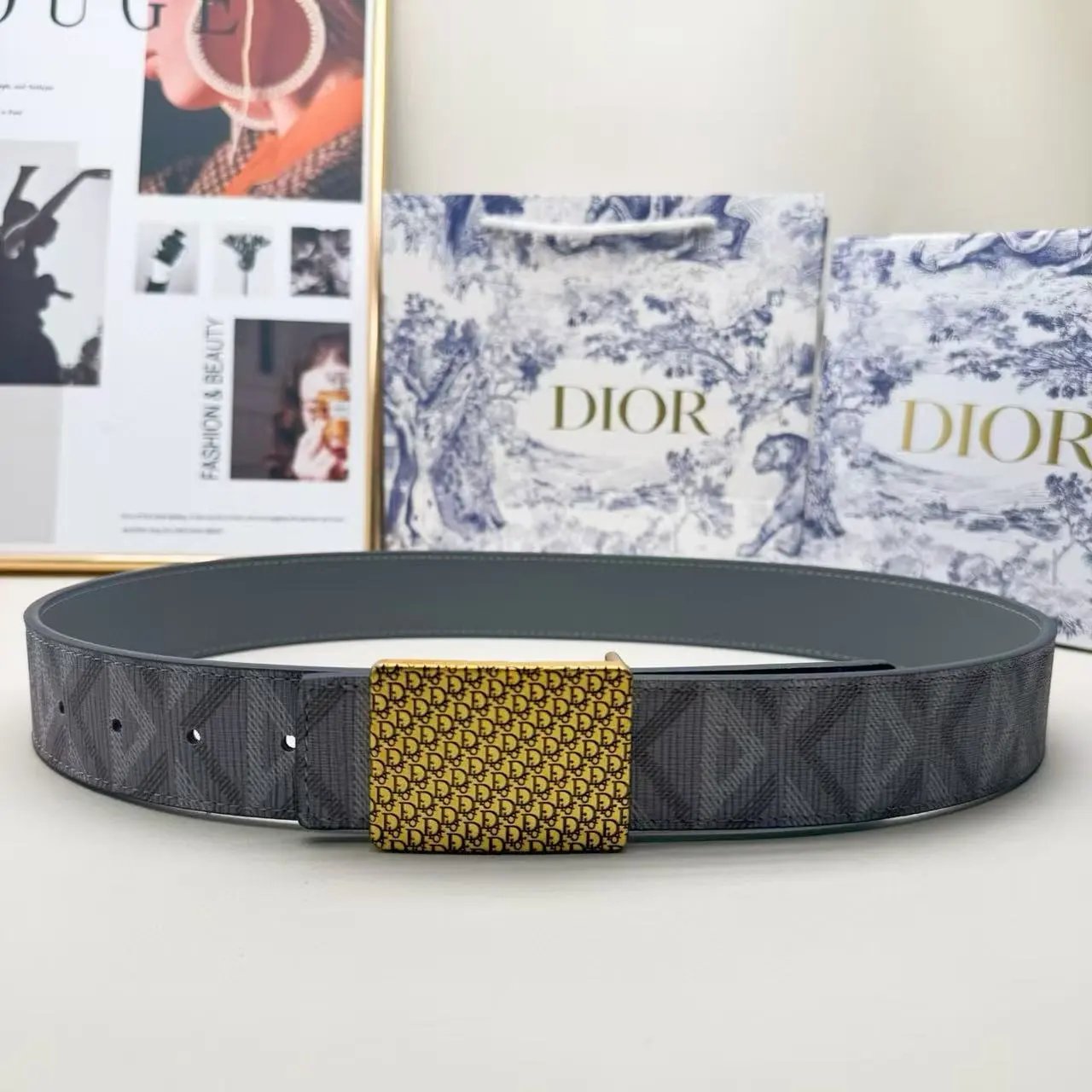 Dior Belts Oblique-pattern belt with logo buckle — Gray printed square small DR antique gold buckle