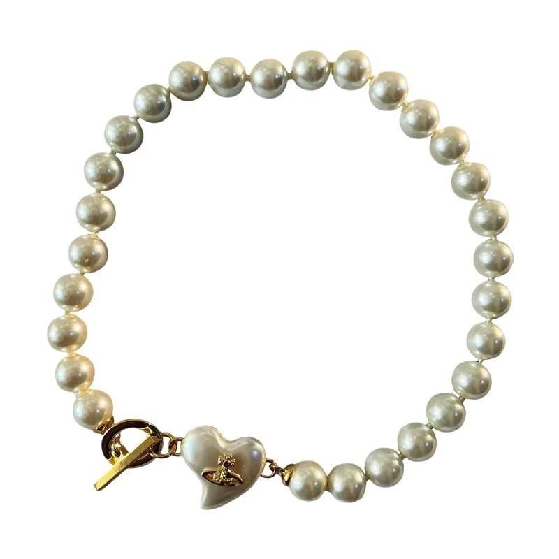Vivienne Westwood Pearl Heart Charm Necklace Bracelet Set Cream Classic