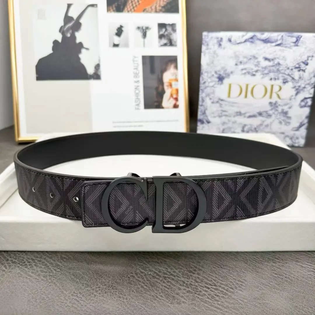 Dior Belts Oblique-pattern belt with logo buckle — Black print, divided into CD and black buckle.